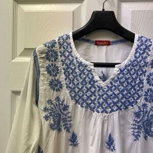 Naisha Women's XL Blue Embroidered 3/4 Sleeve Tunic Flowy Top Mexican Tropical